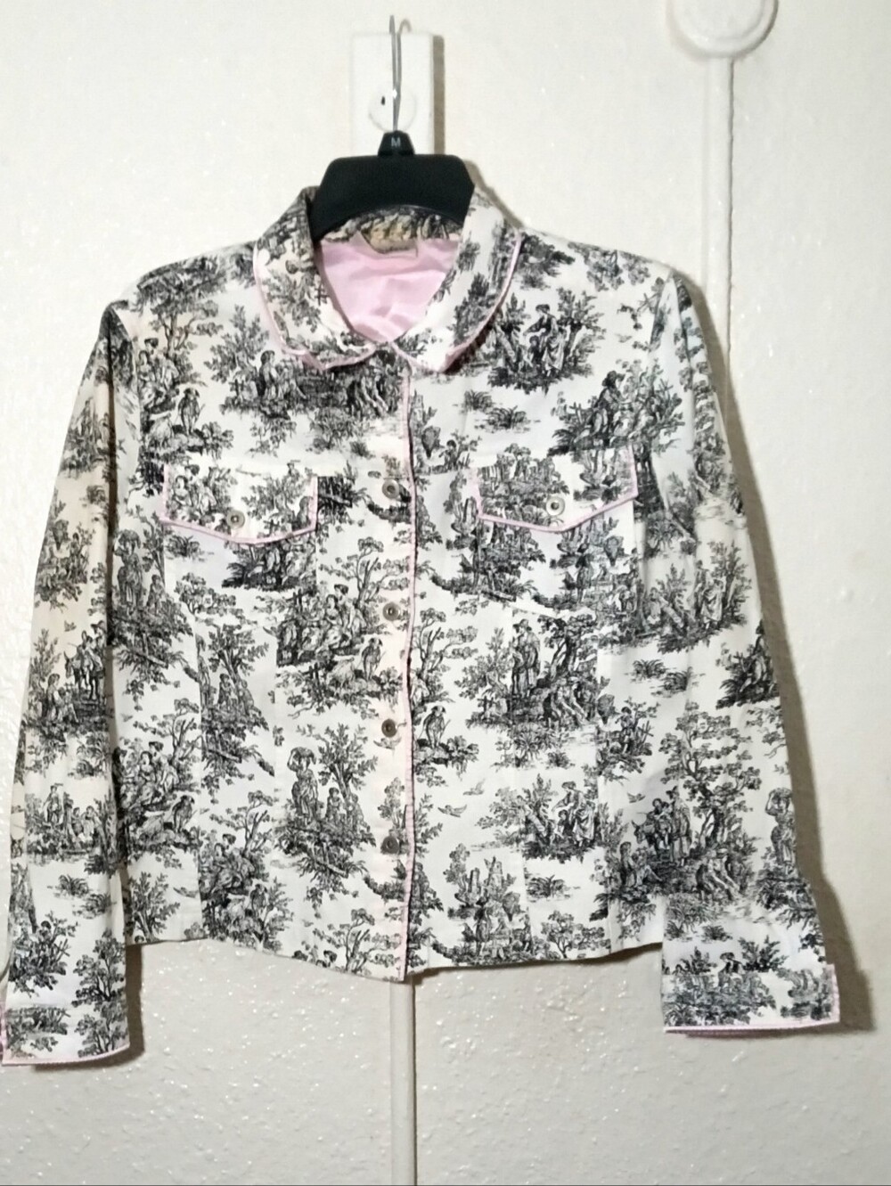 3 Sisters Black & White Toile Jacket with Pink Trim